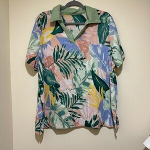 Women’s Cuddl Duos Brand Lightweight Leaf Print Collared Short Sleeve Shirt XL